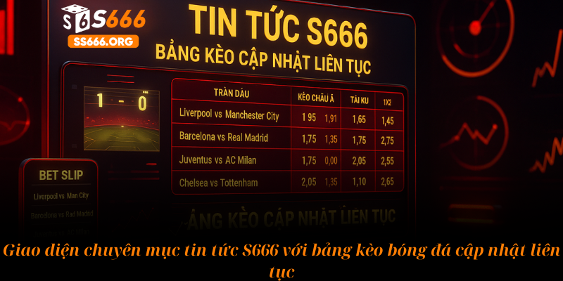 Giao diện chuyên mục tin tức S666 với bảng kèo bóng đá cập nhật liên tục